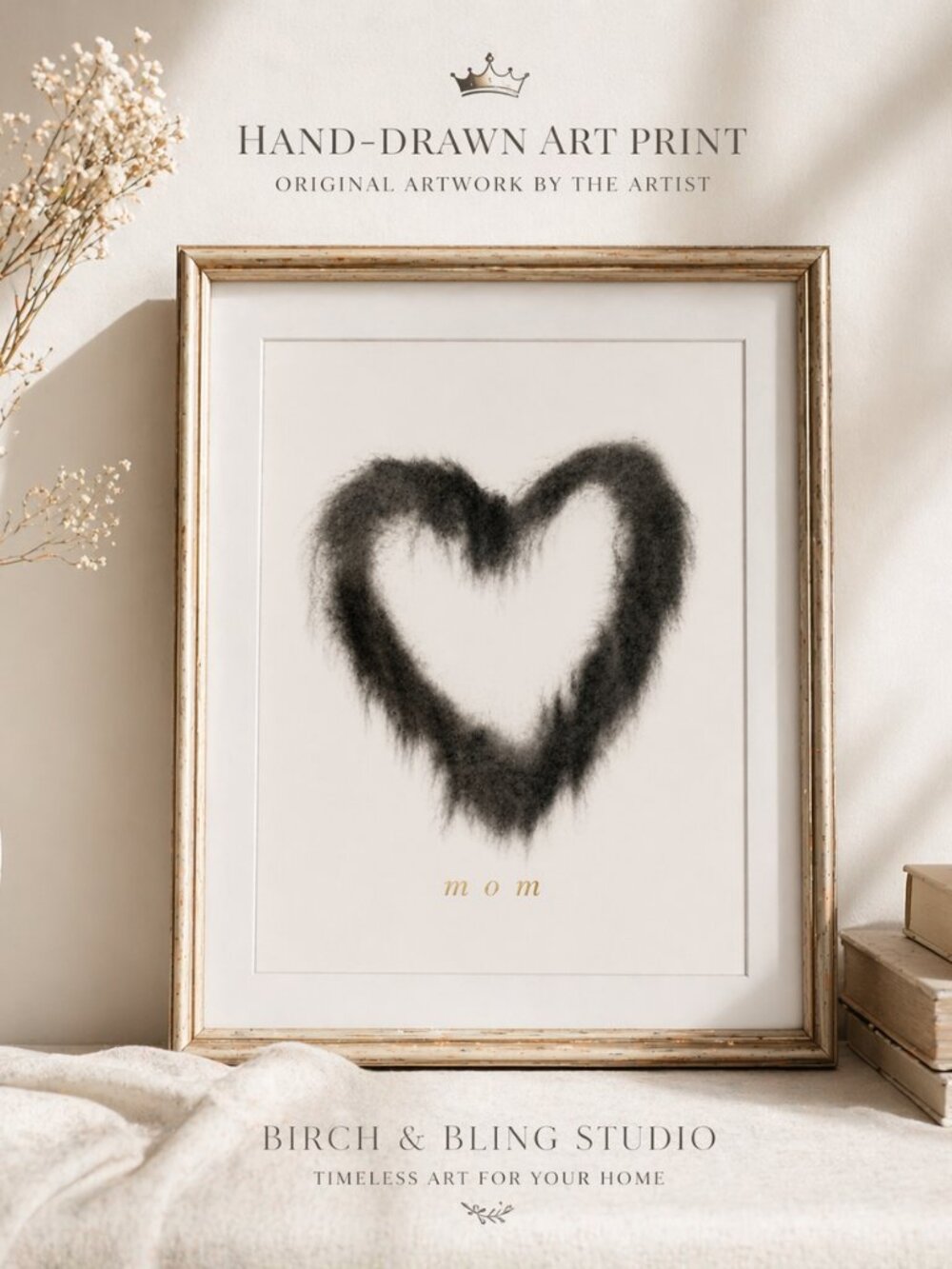 NEW Hand-Drawn Charcoal Heart Print, Minimalist Mom Wall Art, Mother's Day 8x10" - Picture 4 of 10